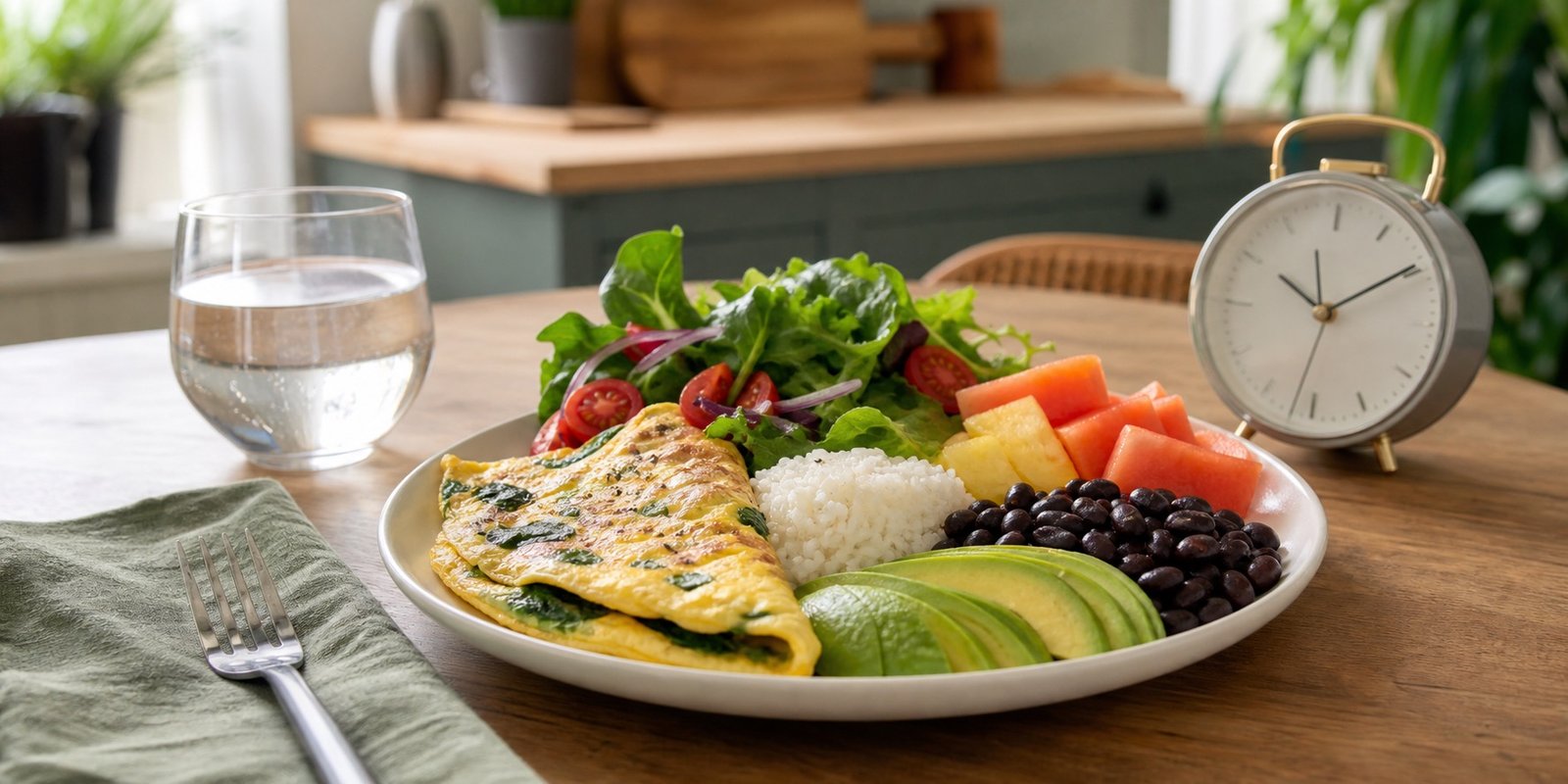 Primeira refeição da janela alimentar com omelete, arroz, feijão, salada, fruta e água.