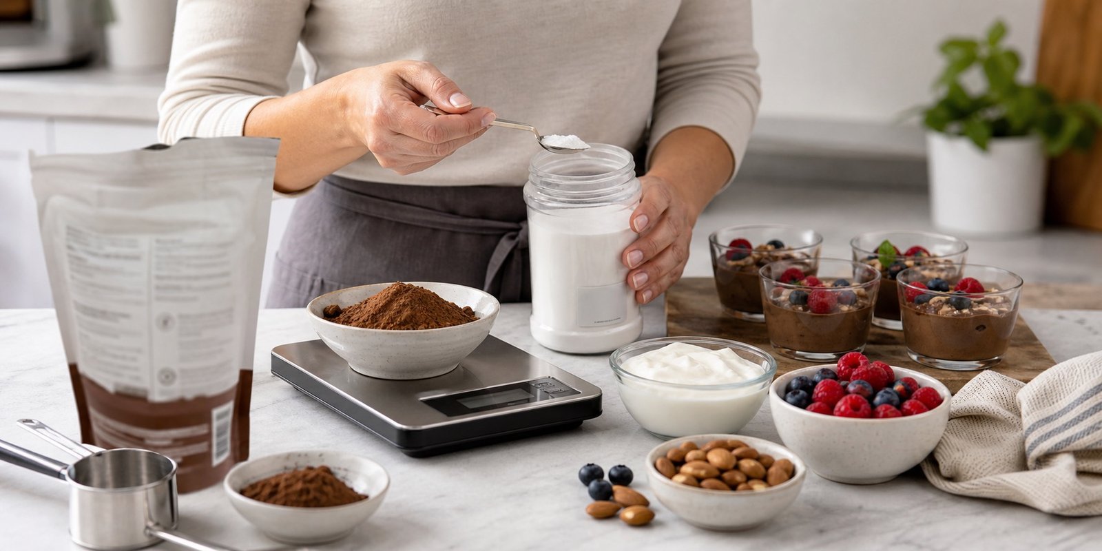 Pessoa medindo adoçante em pequena quantidade ao lado de cacau, iogurte, frutas vermelhas e copos de sobremesa.