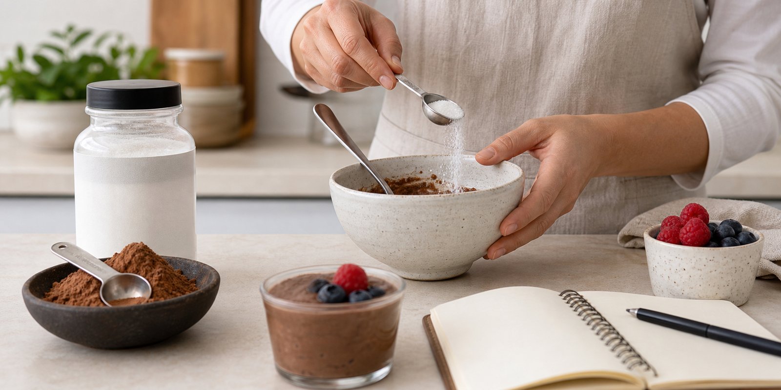 Pessoa medindo adoçante em pequena quantidade para doce cetogênico com cacau e ingredientes sem açúcar.