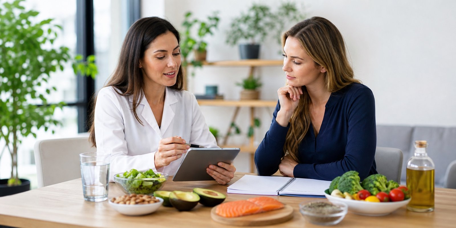 Consulta nutricional com alimentos cetogênicos para avaliar sintomas da gripe keto e ajustes de dieta.