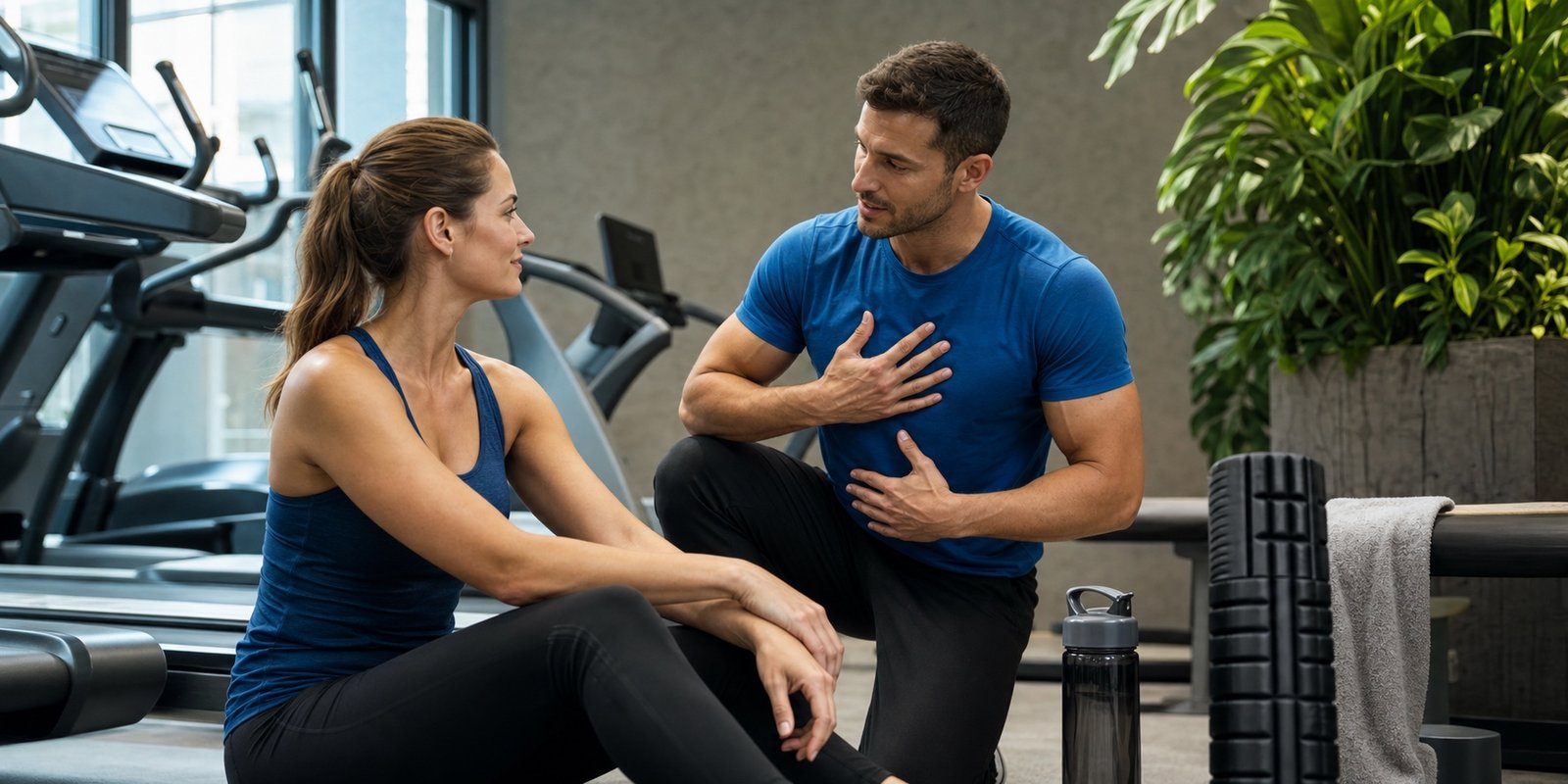 Instrutor orientando praticante após treino para ajustar duração do cardio conforme esforço e recuperação.