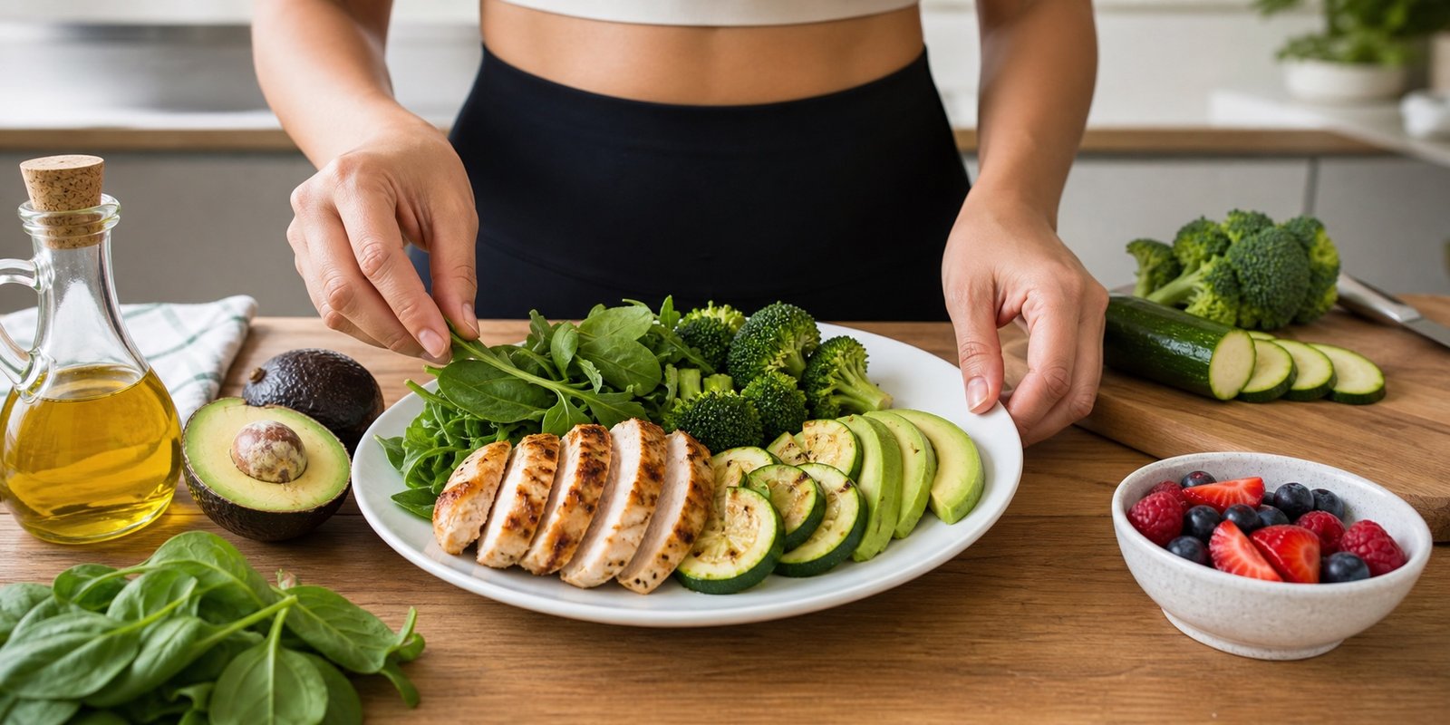 Prato low carb com frango, folhas e abacate para entrar em cetose com refeições completas.