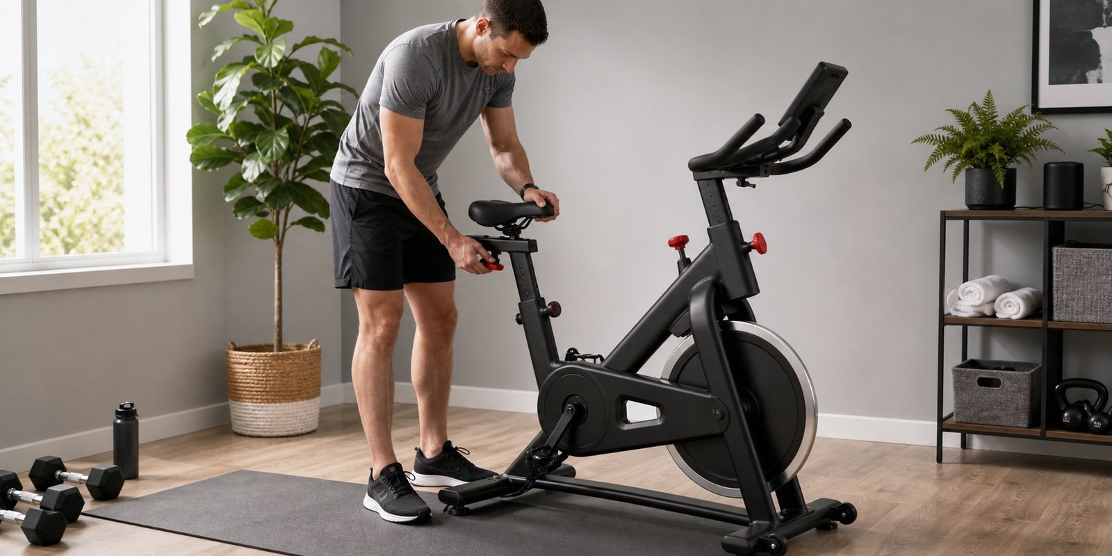 Pessoa ajustando o selim da bicicleta ergométrica antes do treino para pedalar com mais conforto.