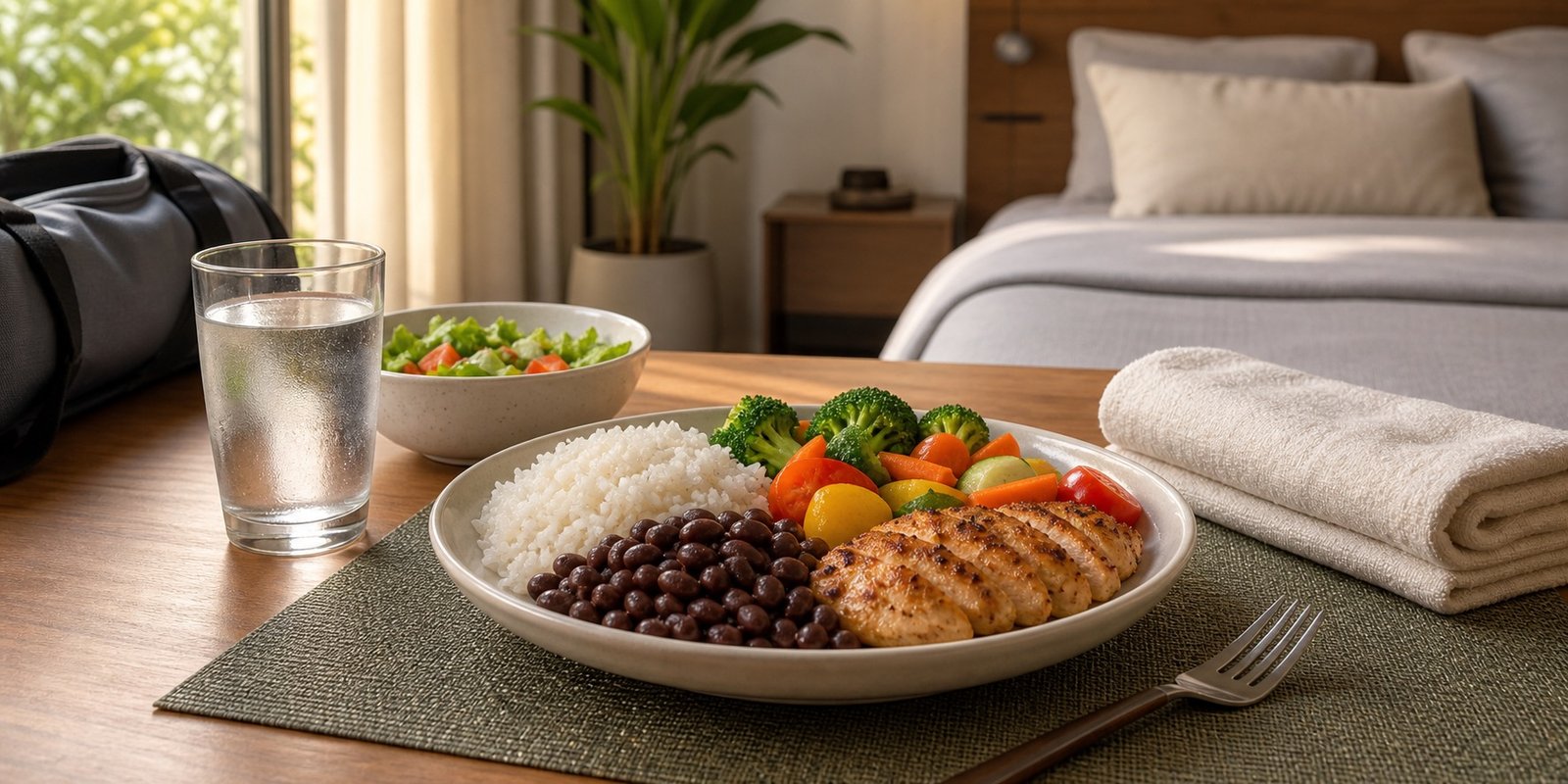 Prato equilibrado, água e descanso representando alimentação, sono e recuperação no fitness.
