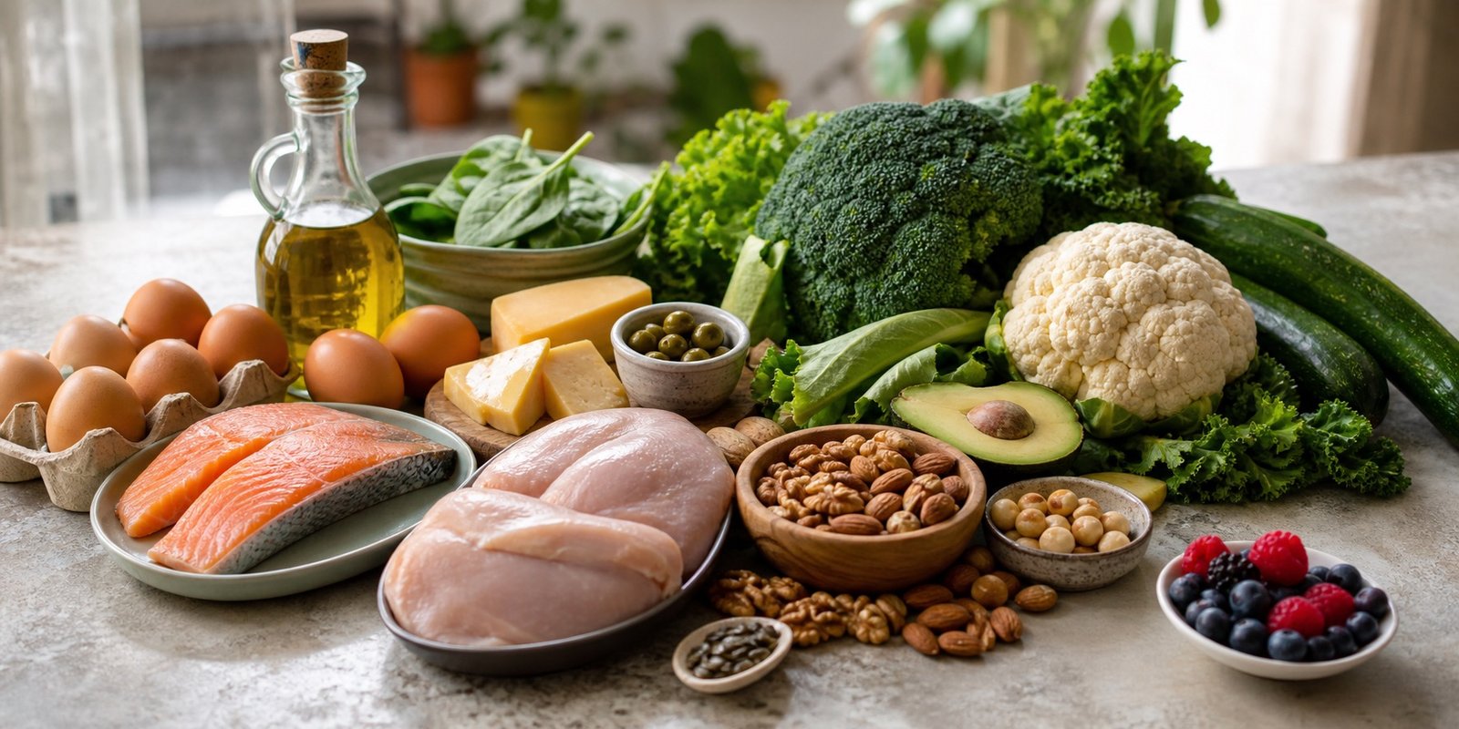 Proteínas, folhas, abacate, azeite e vegetais baixos em carboidrato para montar uma dieta cetogênica.