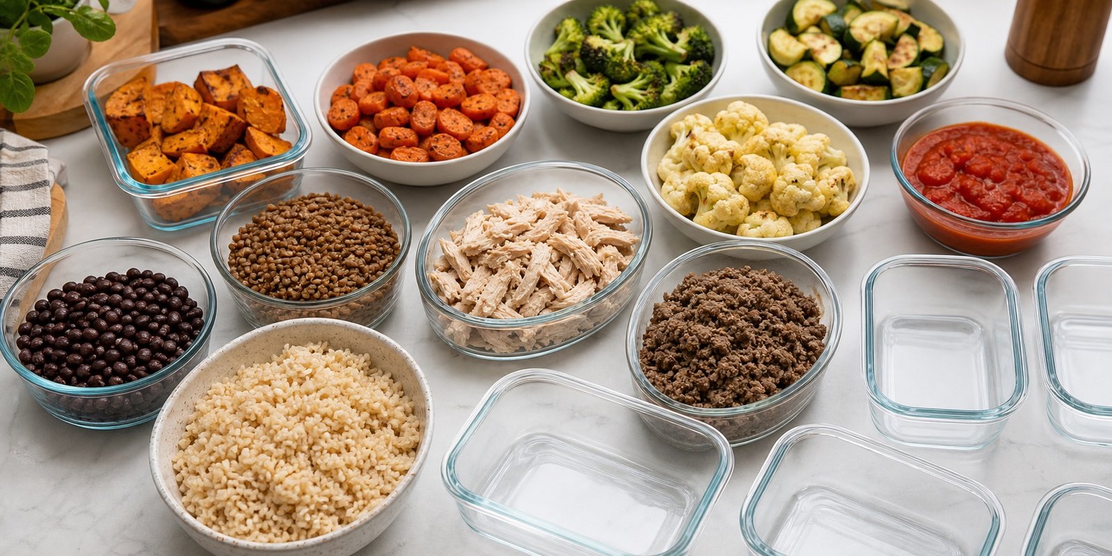 Arroz, feijão, lentilha, frango desfiado, carne moída, legumes assados e molho para marmita fitness.