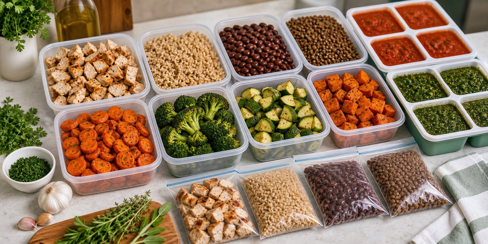 Alimentos que congelam bem para marmita fitness, com arroz, feijão, frango, lentilha, legumes e molho porcionados.