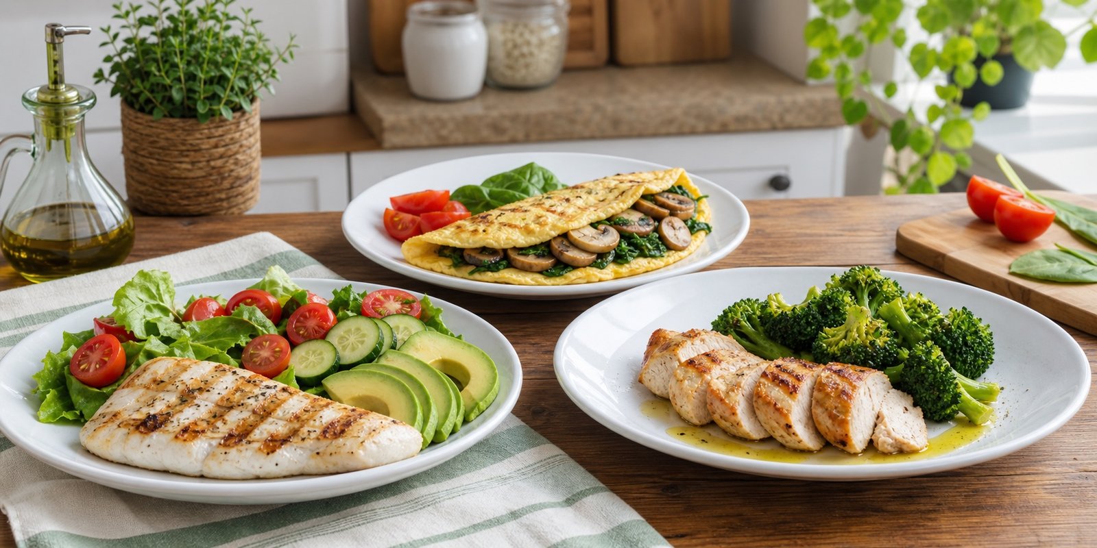 Três pratos cetogênicos com peixe, omelete, frango, saladas, abacate e brócolis para variar a rotina alimentar.