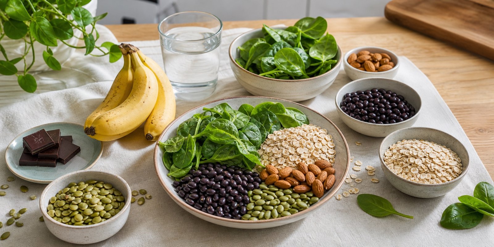 Alimentos ricos em magnésio como sementes, folhas verdes, feijão, aveia e banana.