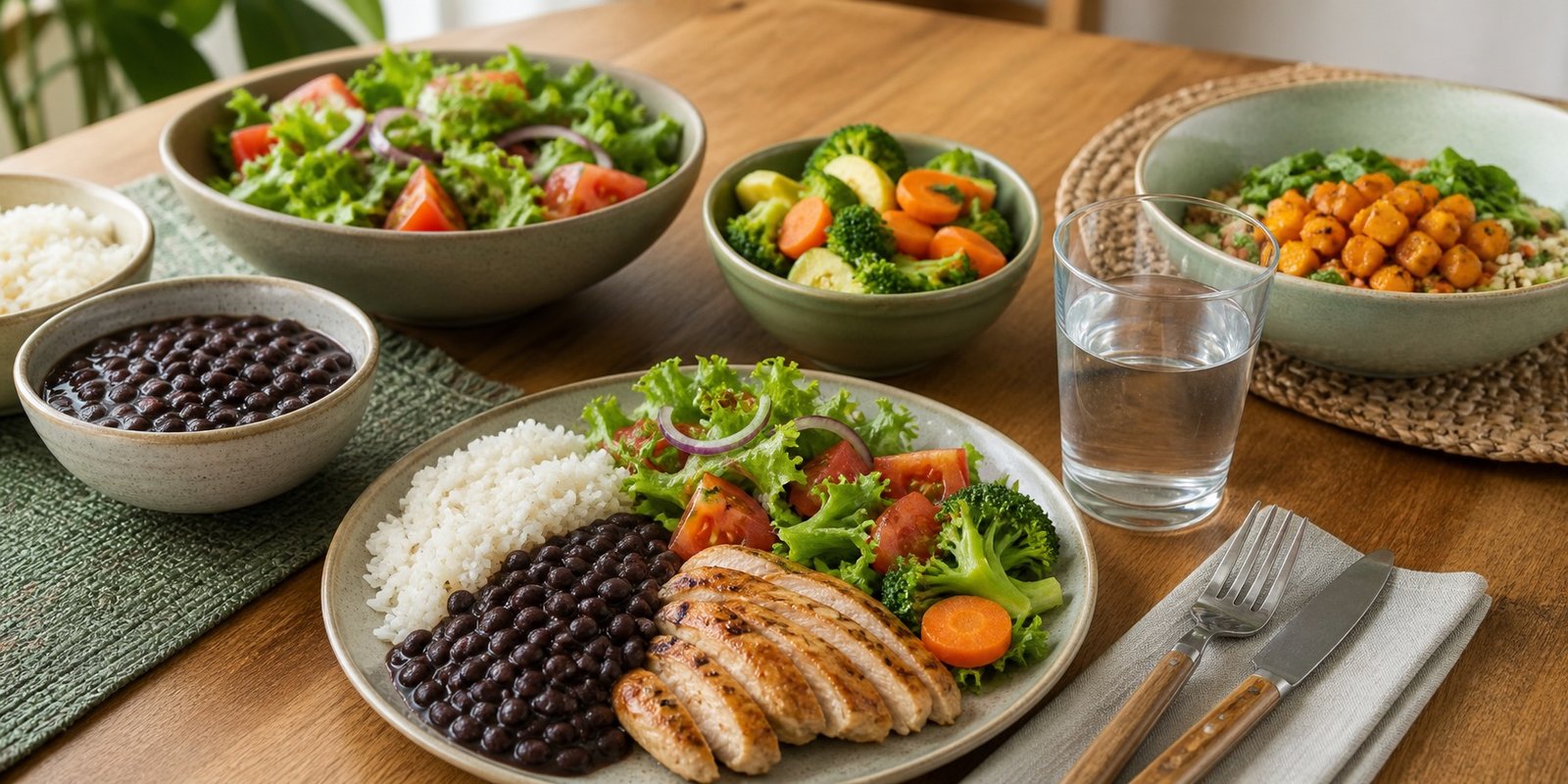 Almoço brasileiro equilibrado com arroz, feijão, proteína, salada, legumes e água.
