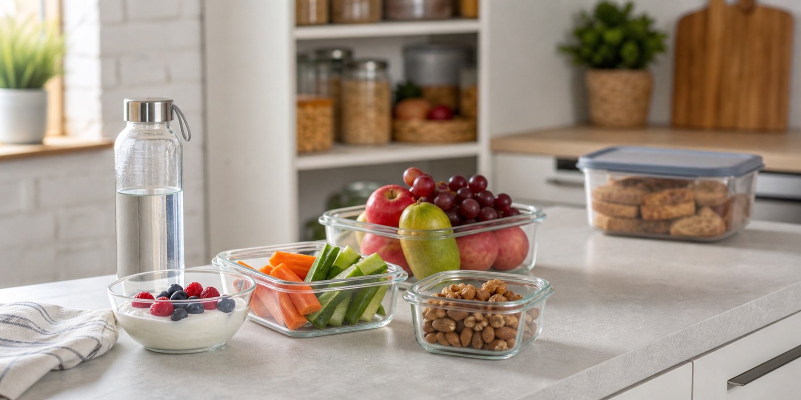 Bancada organizada com iogurte, frutas, vegetais e lanches porcionados para reduzir beliscos impulsivos.