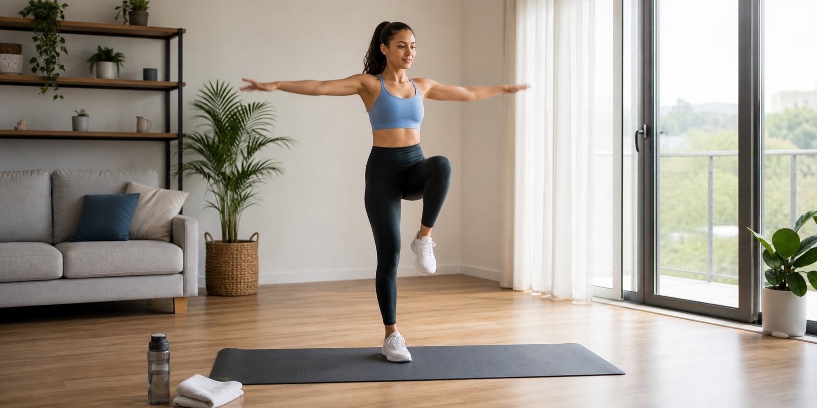 Pessoa fazendo aquecimento dinâmico antes de iniciar cardio em casa.