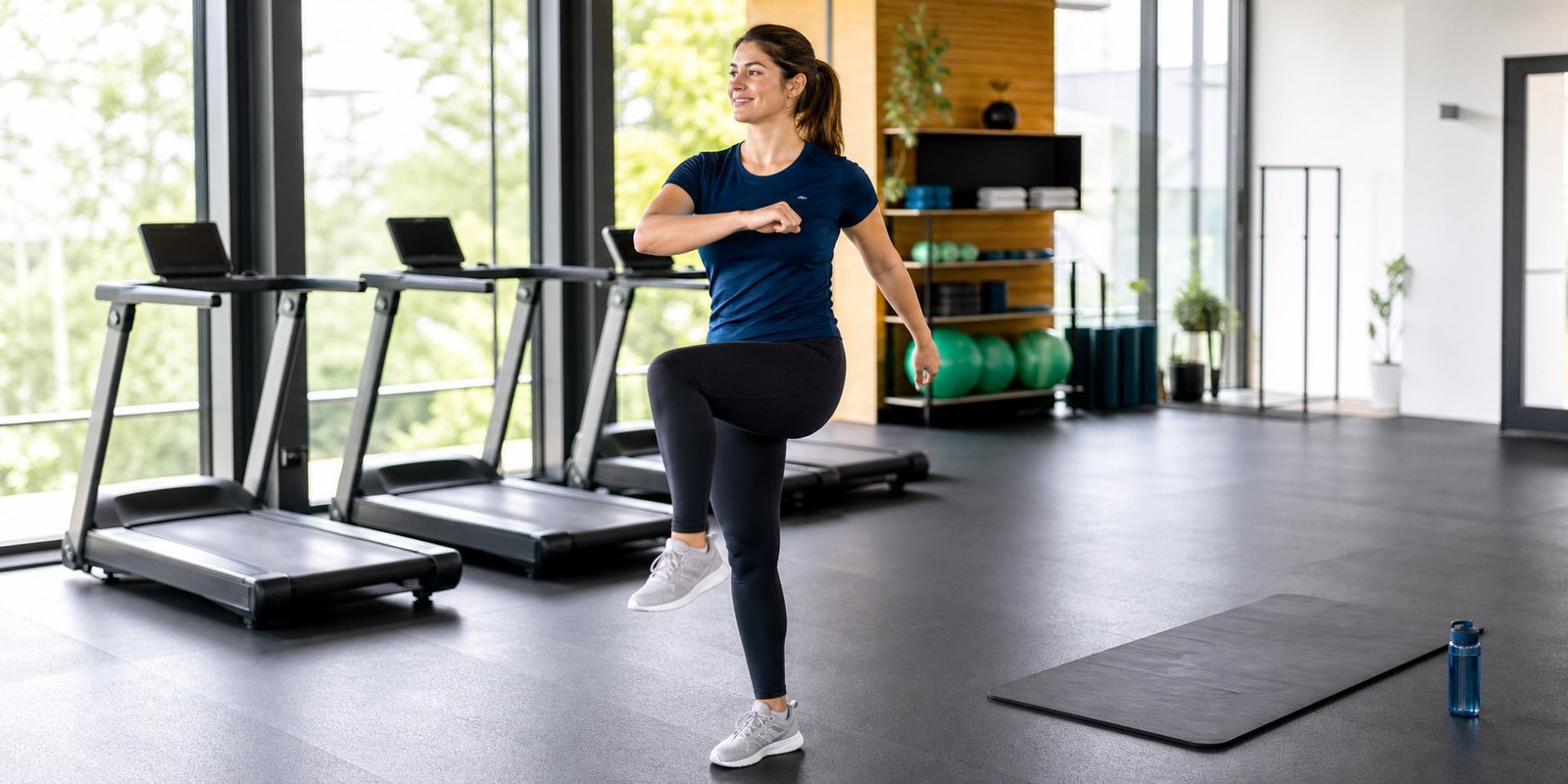 Iniciante fazendo aquecimento dinâmico antes de um treino de cardio para perder peso.
