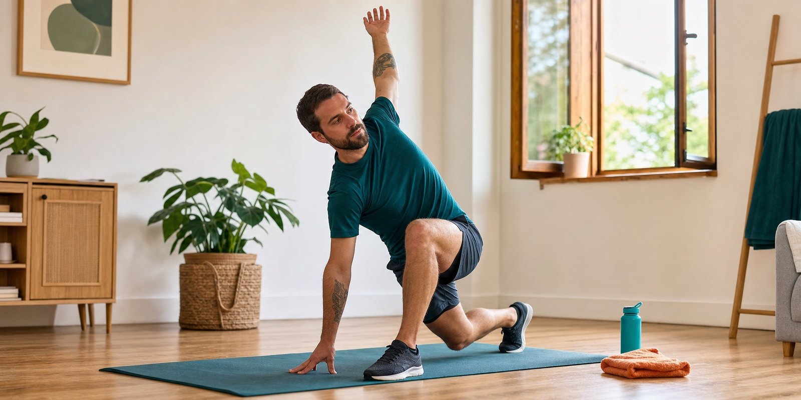 Pessoa fazendo aquecimento dinâmico antes de iniciar treino HIIT intenso.