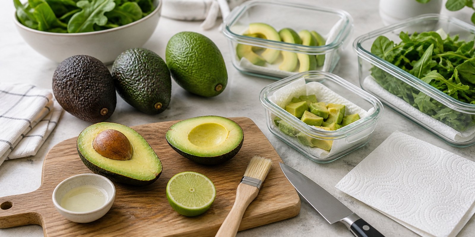 Abacates maduros e cortados com limão, potes de vidro e folhas para armazenamento seguro na rotina keto.