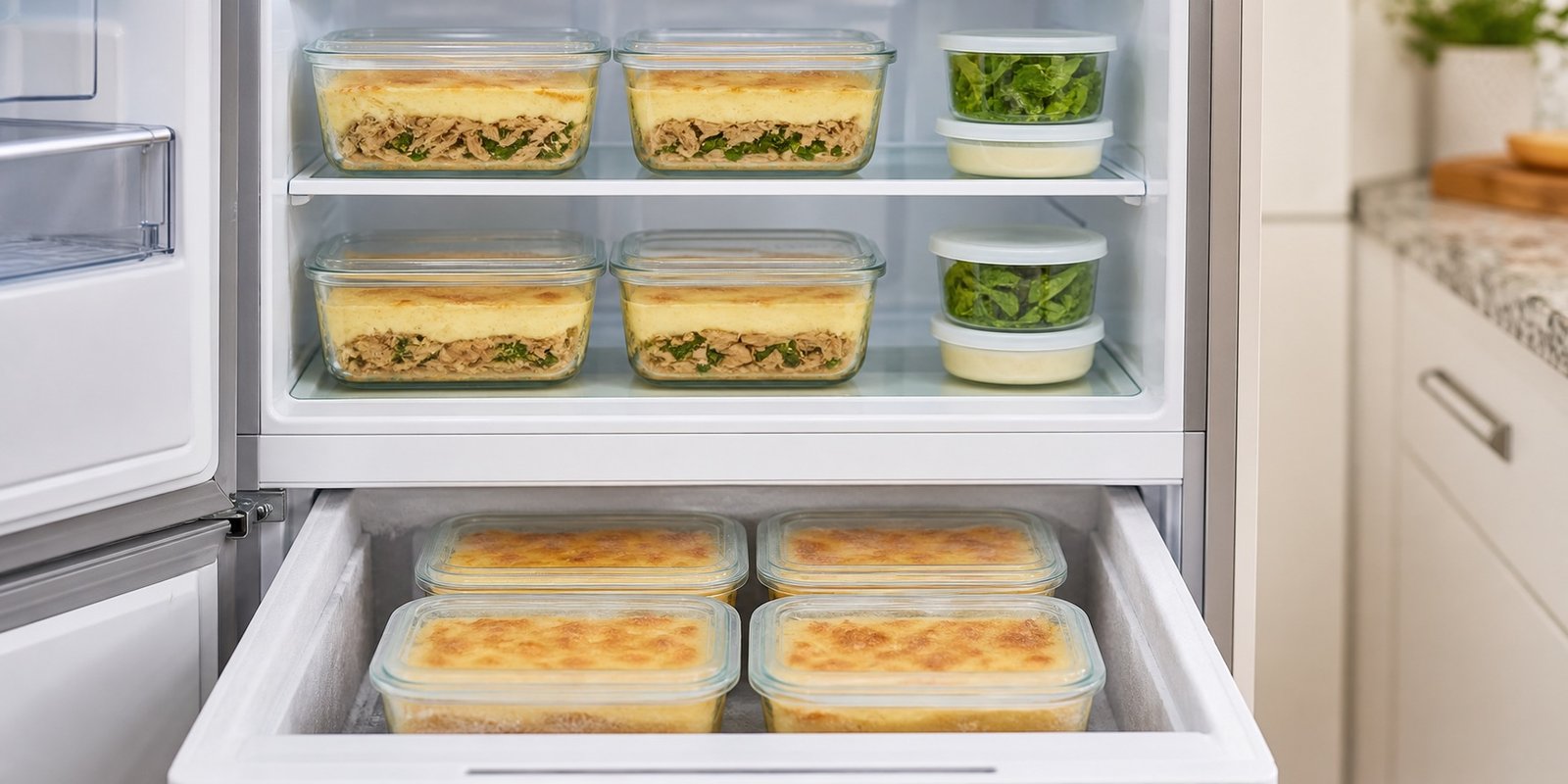 Potes de escondidinho de mandioca organizados em geladeira e freezer com salada separada.