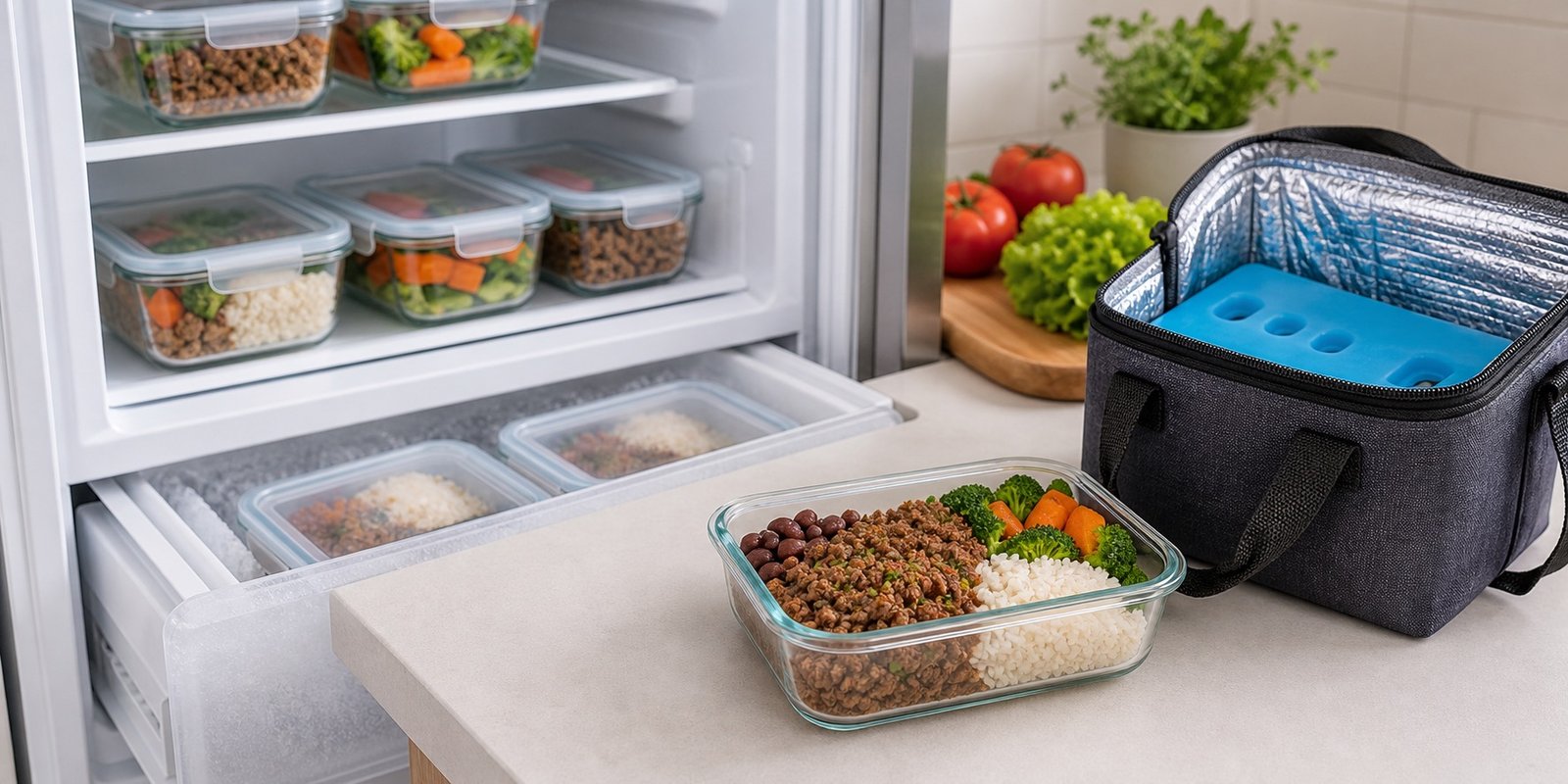 Marmitas prontas em geladeira, freezer e bolsa térmica para transporte seguro.