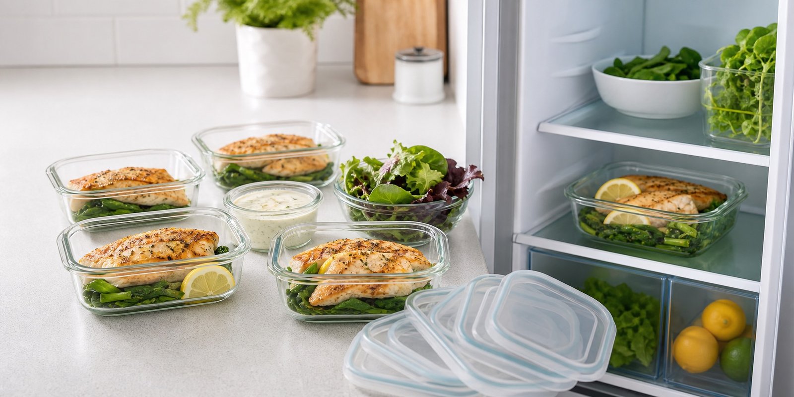 Potes com peixe cozido, salada separada e molhos organizados para refrigeração.