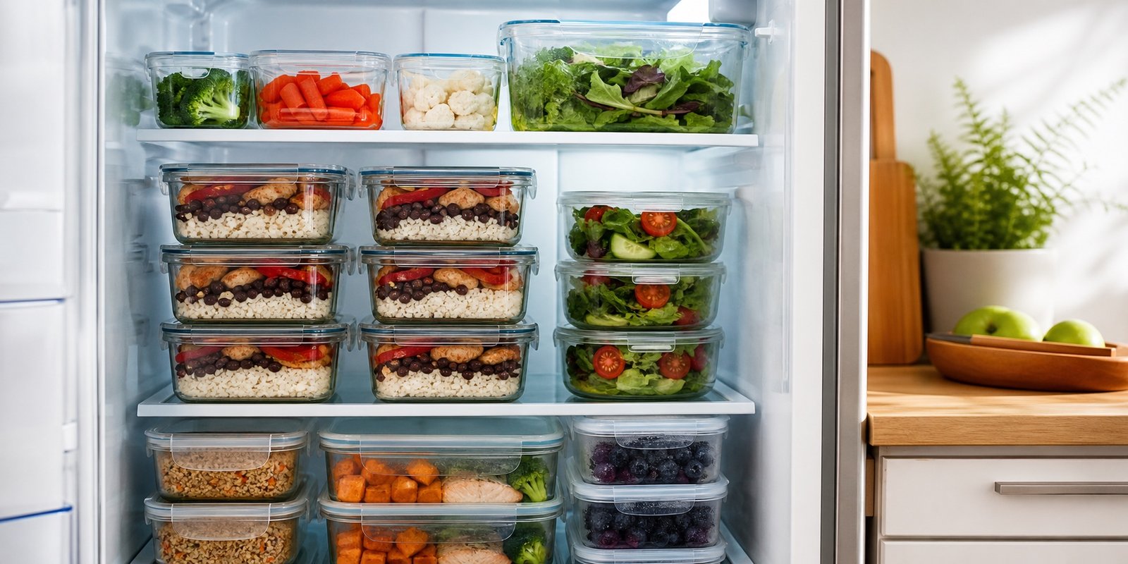 Marmitas fitness armazenadas com segurança na geladeira em potes transparentes com refeições e saladas separadas.