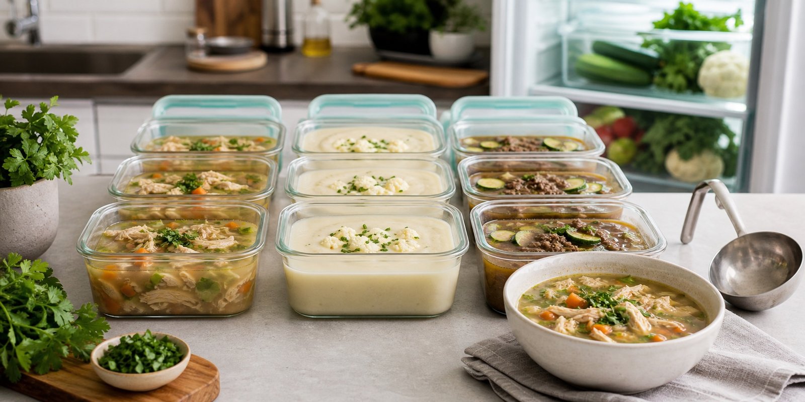 Potes de vidro com sopa proteica de baixo carboidrato porcionada para jantar na semana.