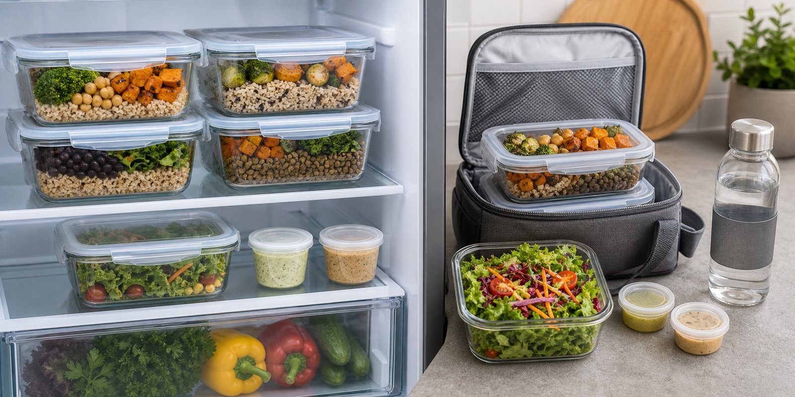Marmitas vegetarianas armazenadas na geladeira e transportadas em bolsa térmica com salada separada.
