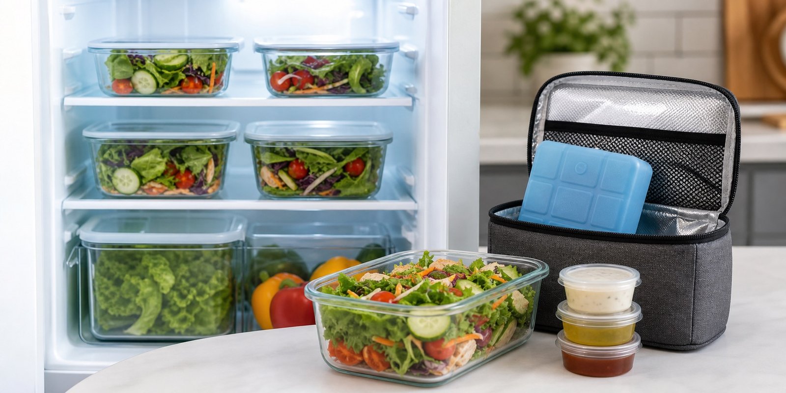 Potes de salada fechados na geladeira com bolsa térmica e gelo reutilizável para transporte seguro.