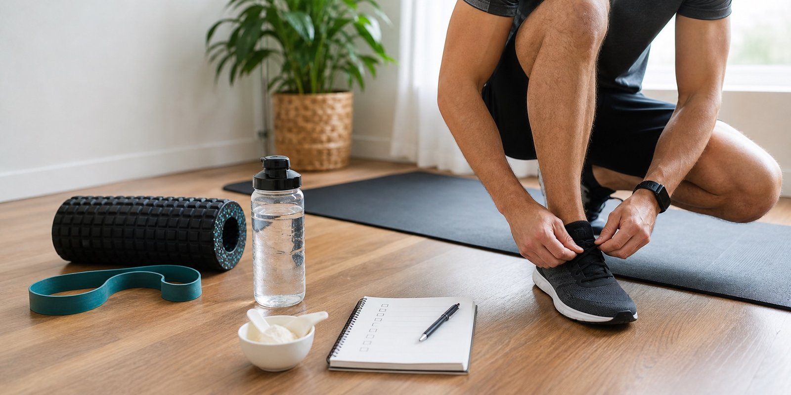 Pessoa ajustando tênis perto de equipamentos leves para representar articulações, treino e avaliação cautelosa de suplementos.