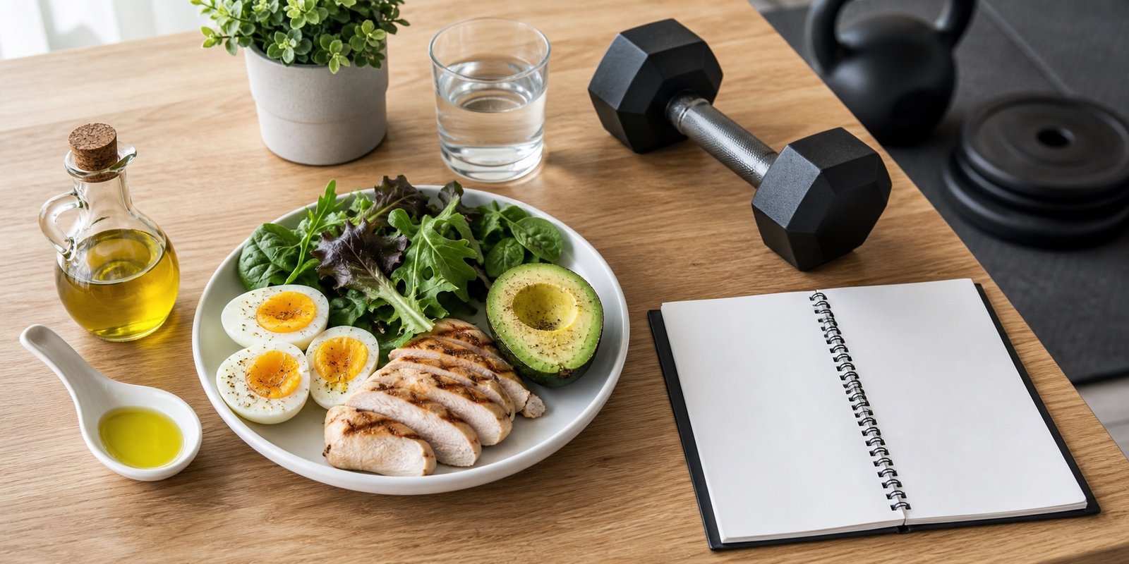 Dieta cetogênica funciona para hipertrofia com refeição keto, halter e diário de treino.