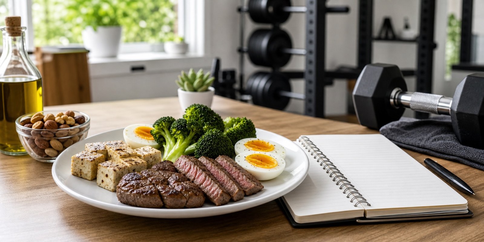 Guia energia-treino para hipertrofia na dieta low carb com prato proteico e halter