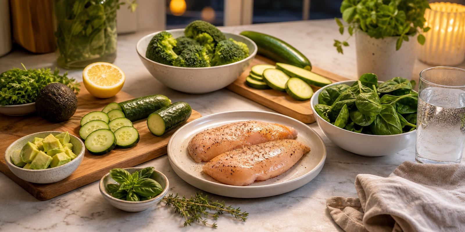 Ingredientes simples para montar jantar low carb leve com frango, brócolis, pepino, espinafre, abacate, limão e água