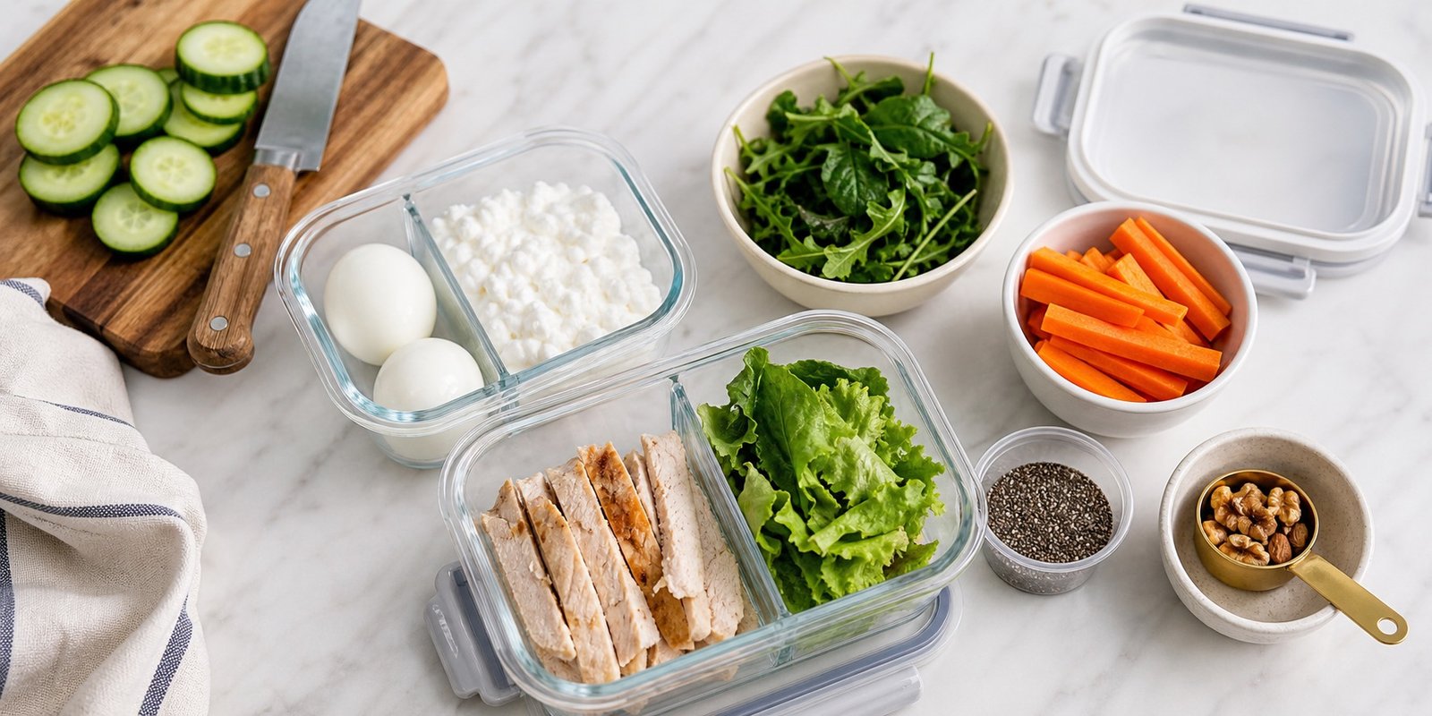 Ingredientes para montar lanches low carb com proteína, vegetais, fibras e gordura em medida.