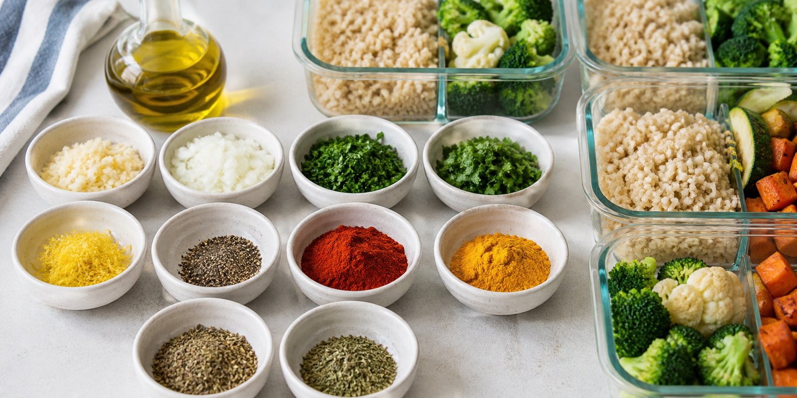 Bases de sabor com ervas, alho, cebola e especiarias para refeições fitness