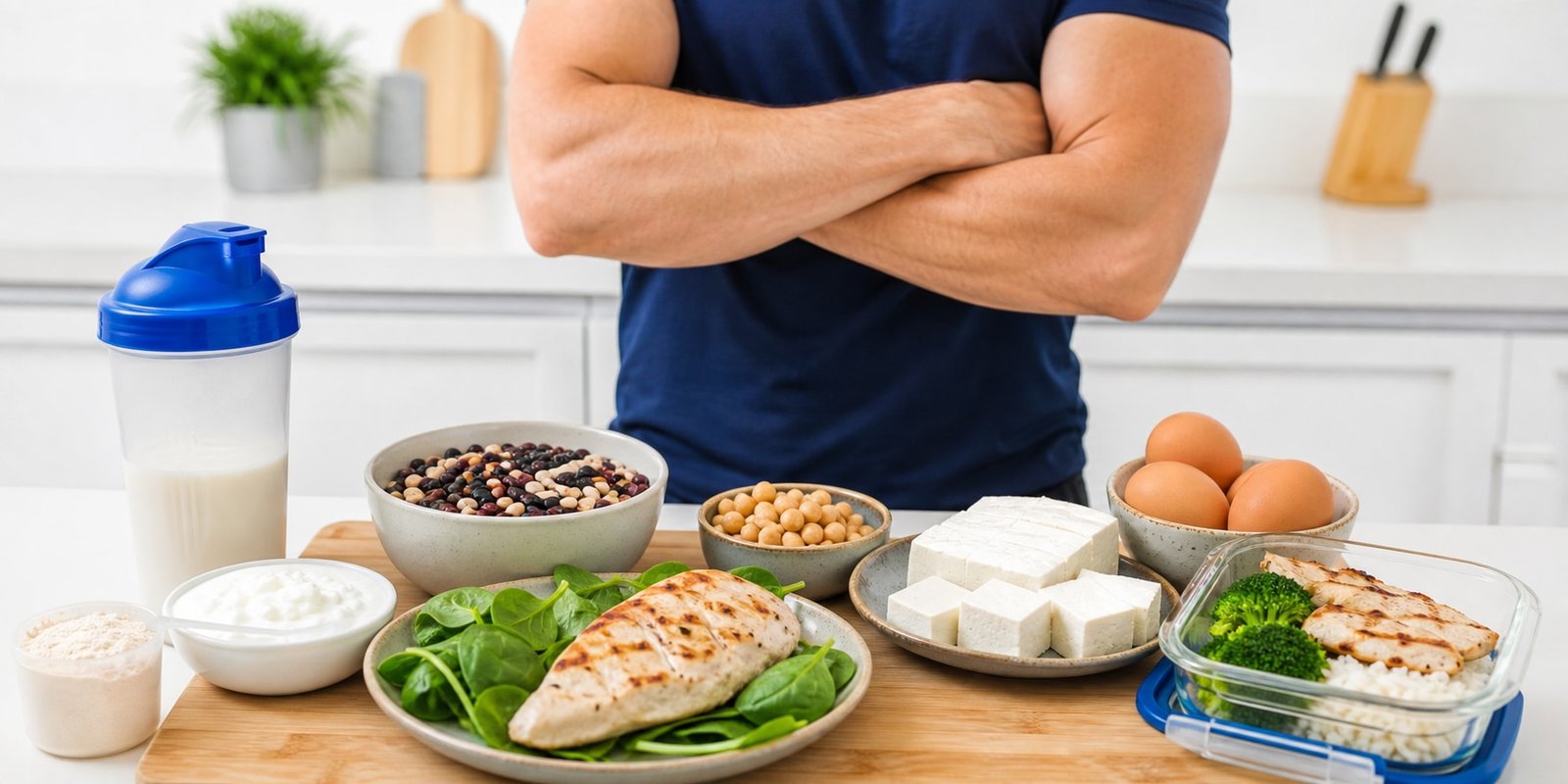 Mesa com shaker sem marca, alimentos proteicos e refeição equilibrada comparando BCAA, whey e comida.