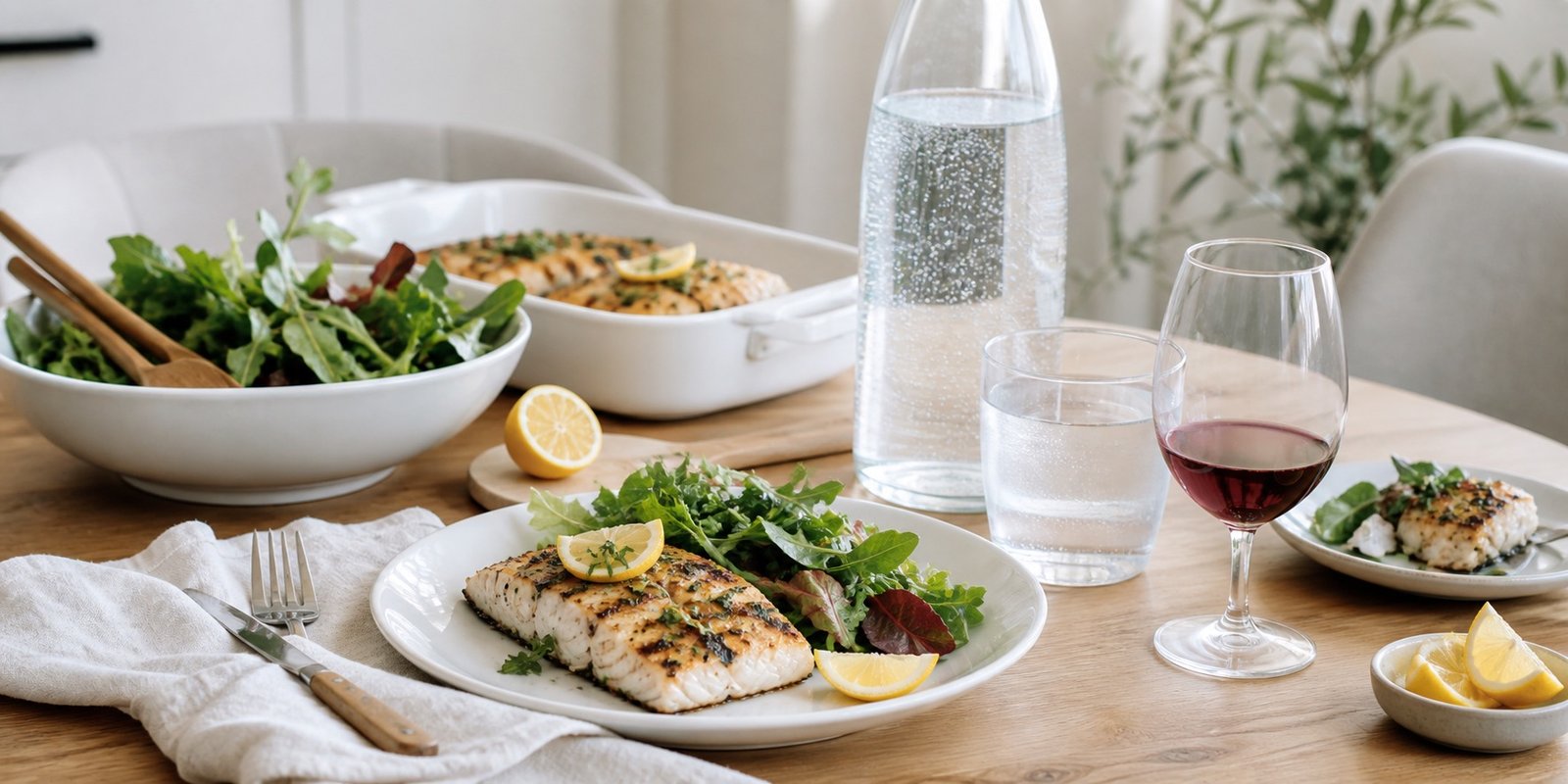Jantar com peixe grelhado, salada, água com gás, copo de água e uma pequena taça de vinho.