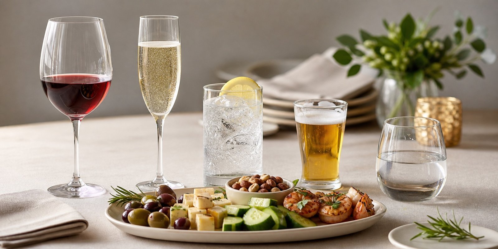 Opções de bebida low carb com vinho seco, espumante, destilado com limão, água e petiscos simples.