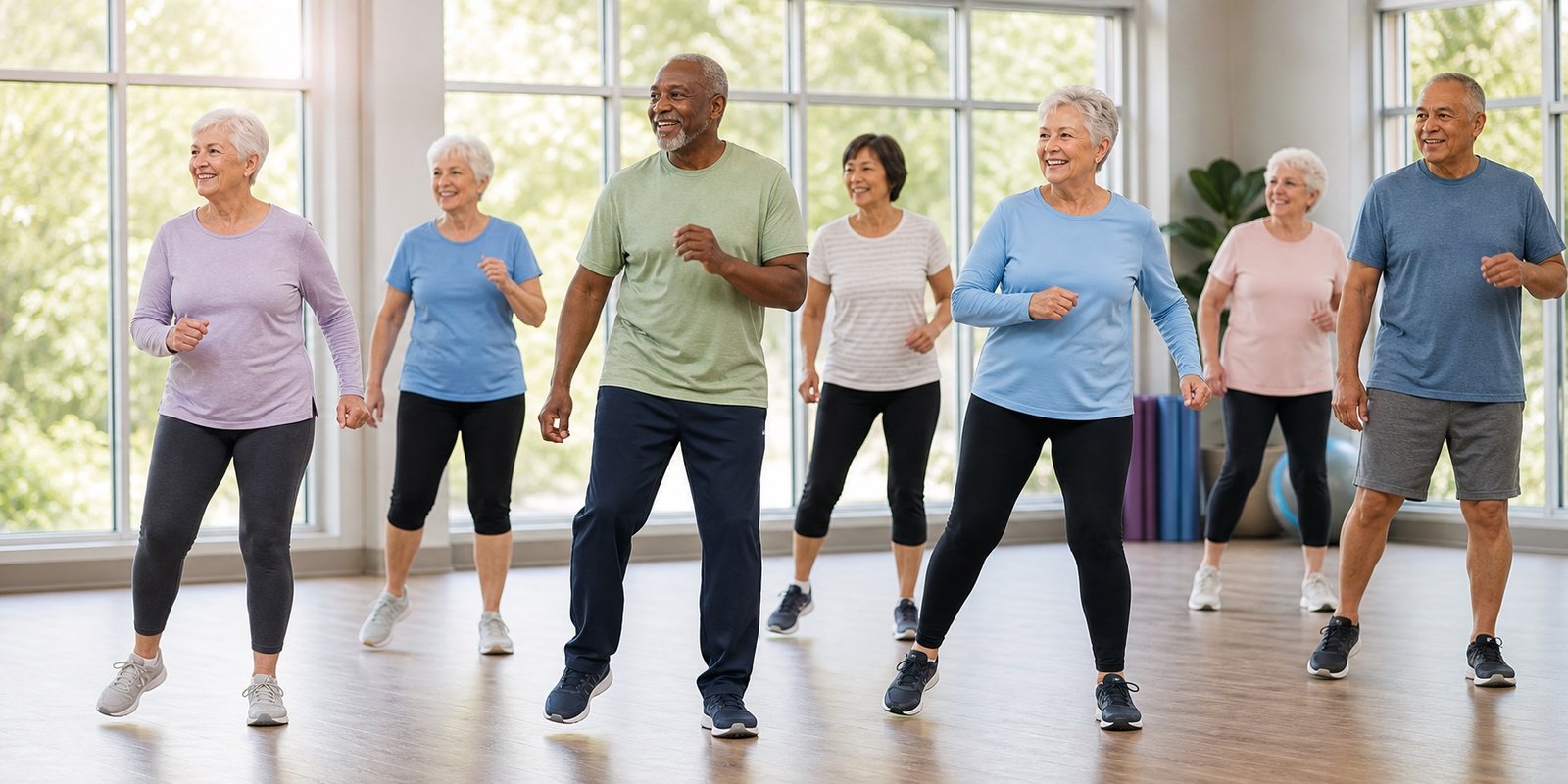 Grupo de adultos mais velhos fazendo movimentos aeróbicos leves em sala ampla e iluminada.