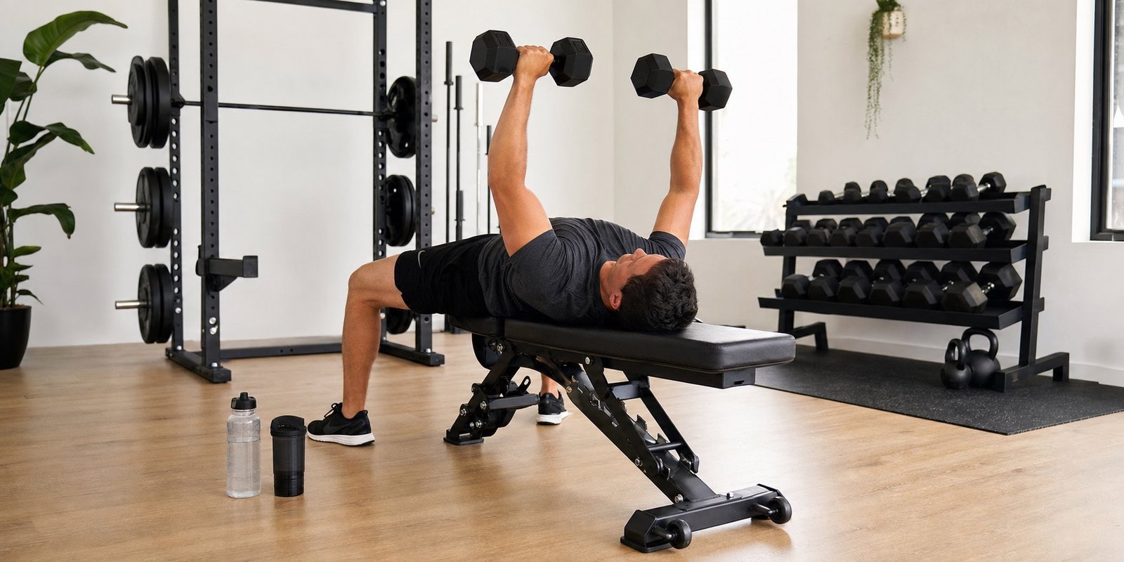 Pessoa treinando com halteres em academia doméstica para ilustrar benefícios da creatina em força e desempenho muscular.