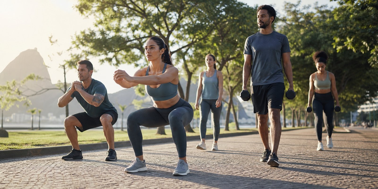 Grupo treinando ao ar livre para mostrar benefícios físicos do fitness com força e cardio.