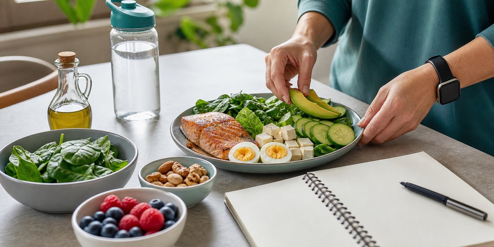 Refeição low carb equilibrada com vegetais, proteína e azeite sem promessa de cura.