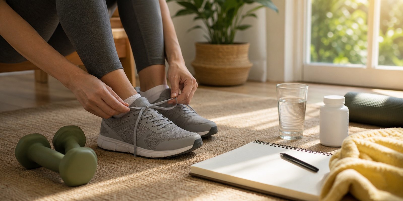 Pessoa calçando tênis para caminhada com suplemento de vitamina D sem marca e luz natural.