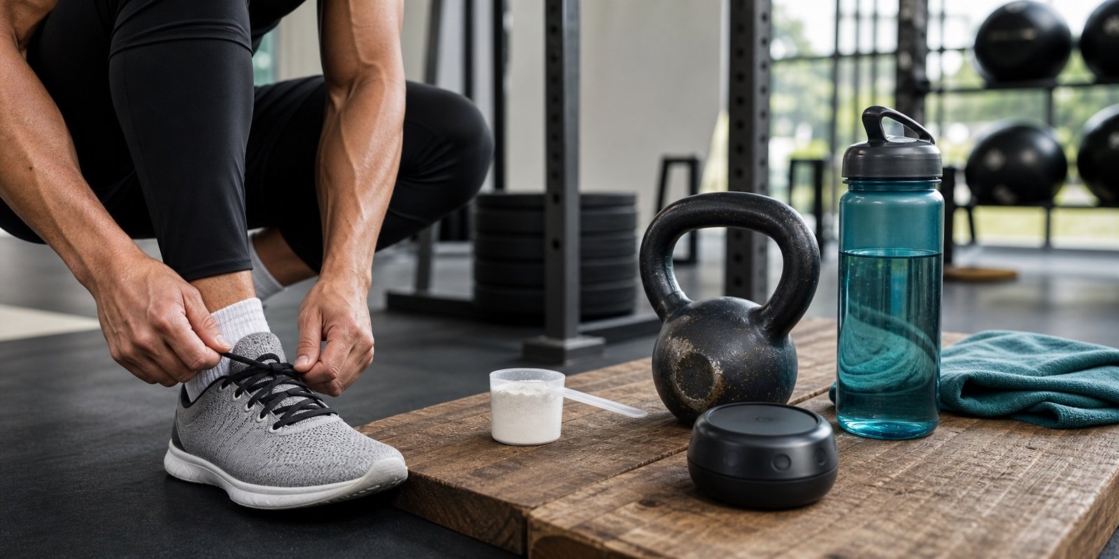 Preparação para treino intenso com beta-alanina, kettlebell e água em ambiente de academia.