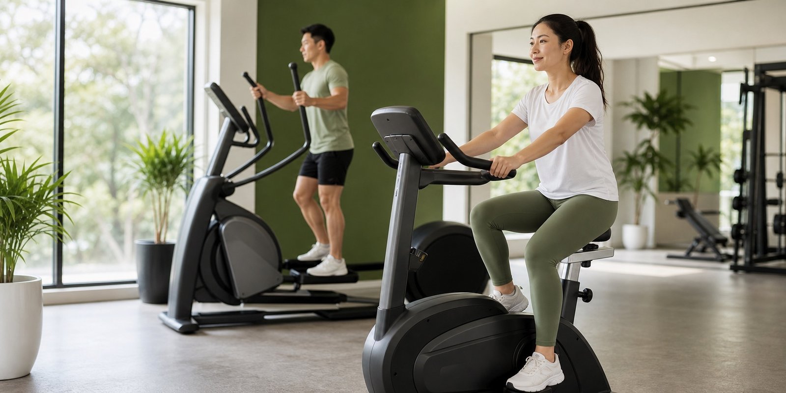 Bicicleta ergométrica e elíptico em ritmo leve para reduzir impacto no treino.