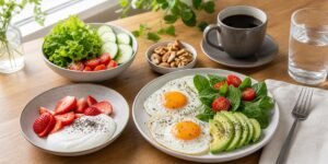 Café da manhã low carb com ovos, iogurte, chia, morangos, vegetais, abacate, café e água em mesa iluminada.
