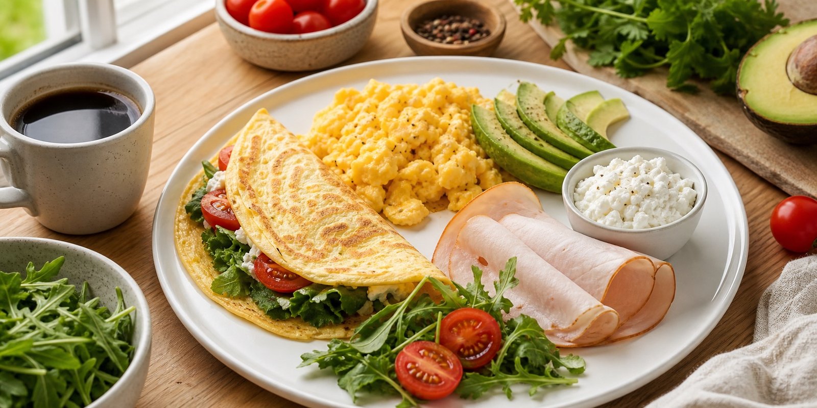 Prato de café da manhã low carb sem pão com omelete recheada, ovos mexidos, abacate, cottage, peito de peru e café.