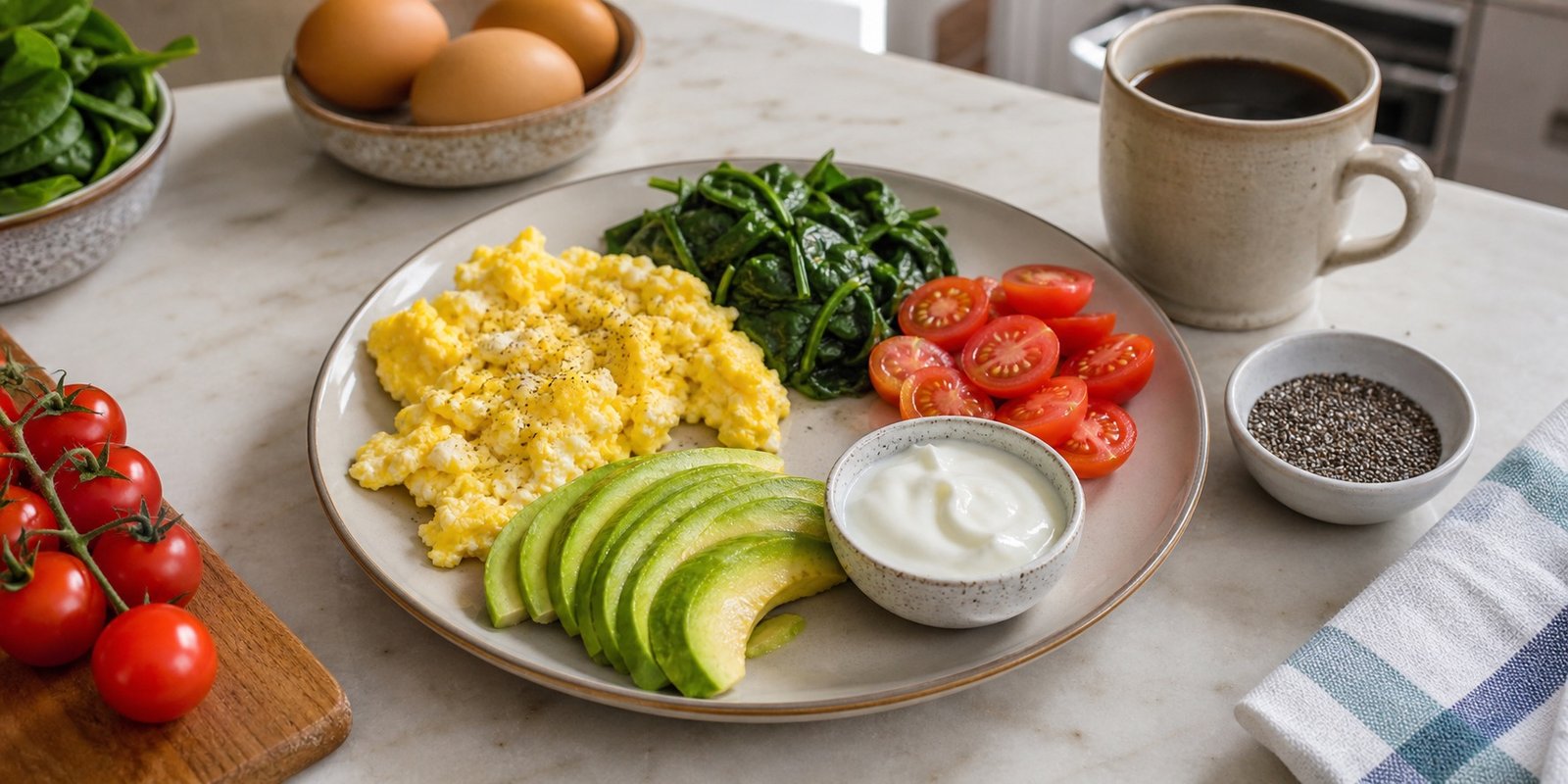 Prato de café da manhã low carb equilibrado com ovos, espinafre, tomate, abacate, iogurte natural e chia.