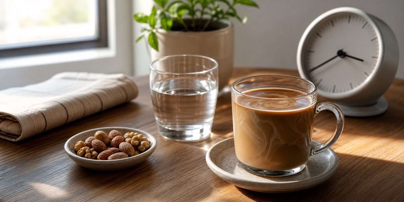 Café com nata, água e relógio mostrando decisão entre jejum calórico e rotina cetogênica.