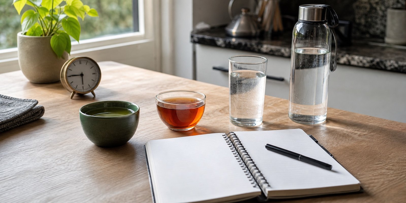 Chá verde, chá preto, água, garrafa e relógio para representar cafeína e hidratação no período de jejum.