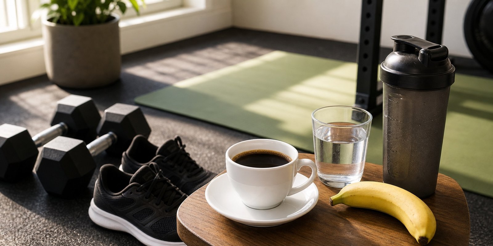 Café, água, banana, shaker e halteres organizados como pré-treino para desempenho.