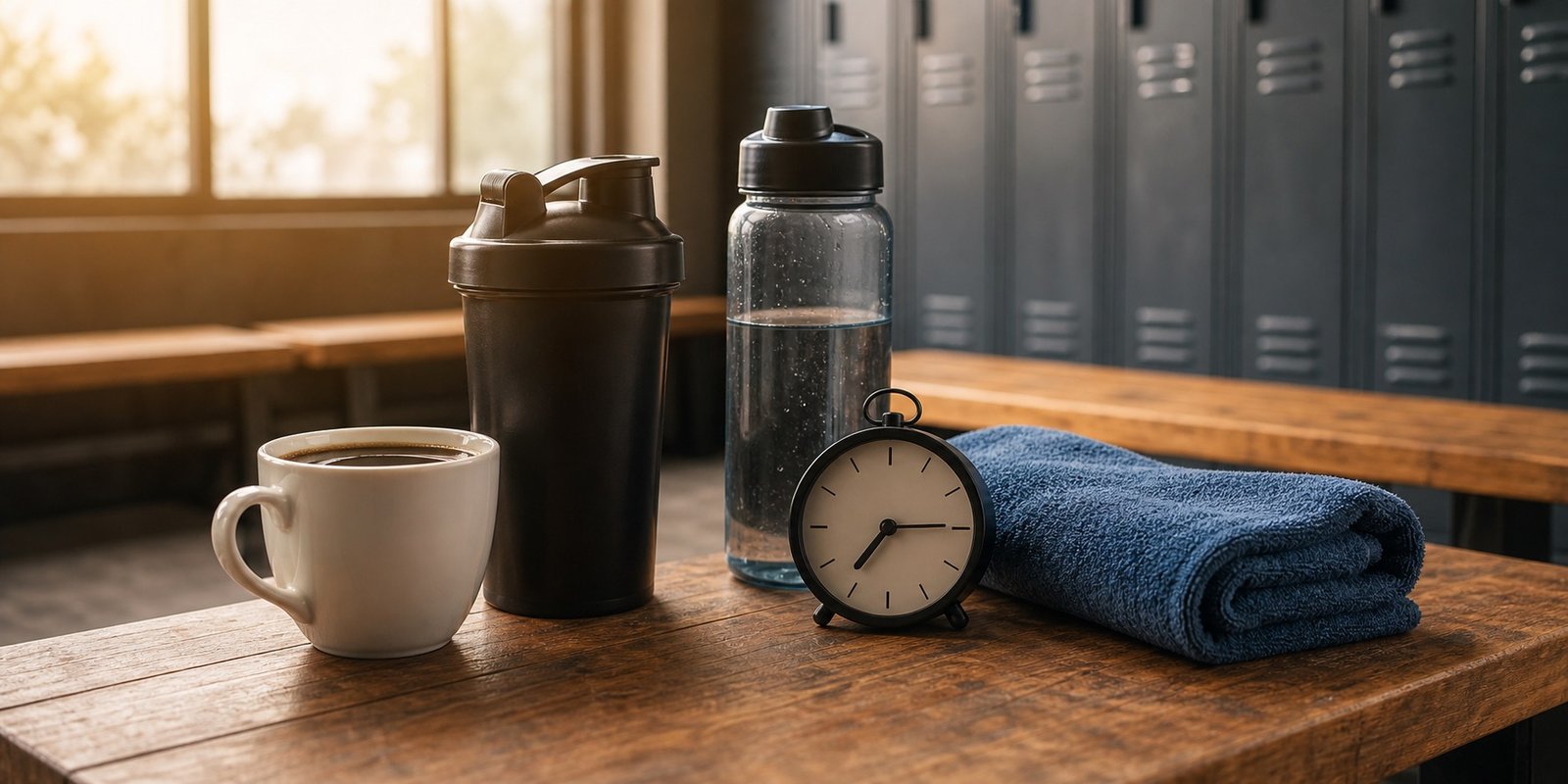 Café, shaker sem marca, água e toalha em banco de academia para avaliar cafeína antes do treino.
