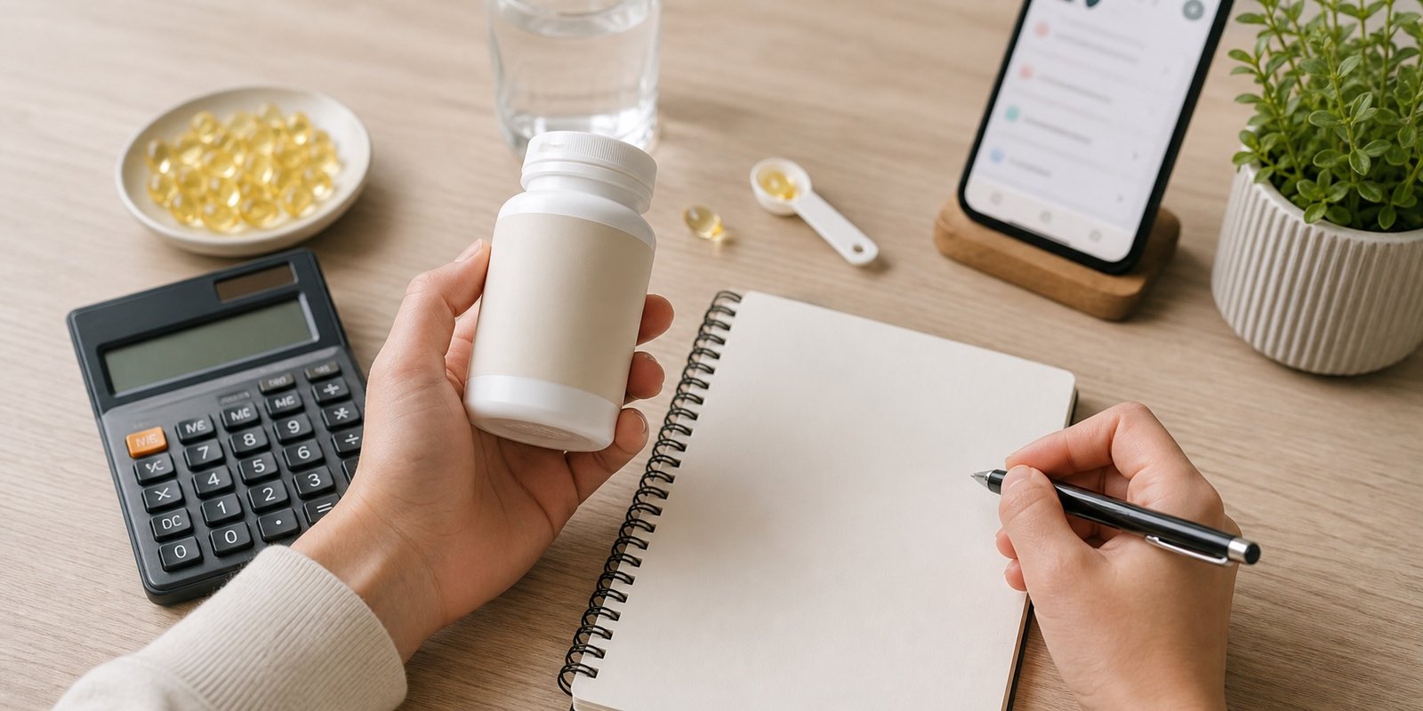 Calculadora, cápsulas e frasco sem marca para comparar suplementação de vitamina D em UI e microgramas.